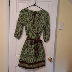 Studio Park sz XS, 100% cotton, fully lined, belted in brown and dusty sage.